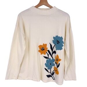 Talbots Womens Cream Floral Mock Neck Sweater Sz L Cotton Cozy